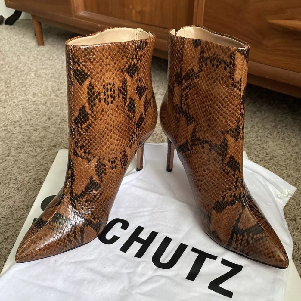 SOLD Schutz Brown Snakeskin Heeled Booties - Picture 2 of 8